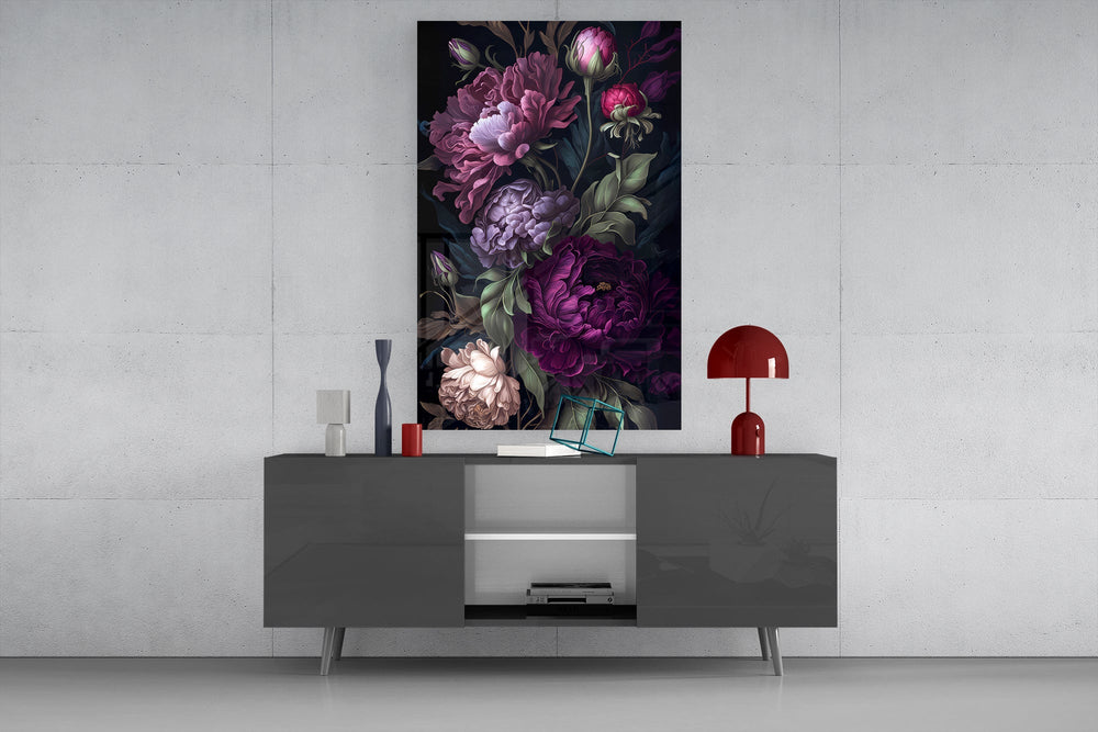Cottagecore peony cinematic glass wall art in light-filled atelier