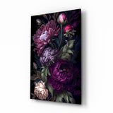 Dark moody peony bouquet cinematic glass wall art over walnut console in designer powder room