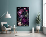 Magenta-peony cinematic glass wall art in romantic-cottagecore study