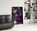Painterly-peony cinematic glass wall art over modern dining sideboard