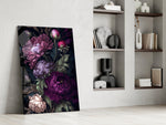 Dark-floral cinematic glass wall art in private library reading nook