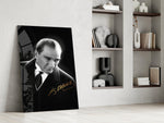 Turkish founder cinematic glass wall art in masculine-luxe study