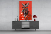 Puffer-jacket animal cinematic glass wall art in light-filled atelier