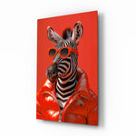 Red puffer zebra cinematic glass wall art over walnut console in designer fashion atelier