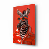 Red puffer zebra cinematic glass wall art over walnut console in designer fashion atelier