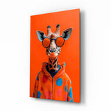 Polka dot giraffe cinematic glass wall art over walnut console in designer fashion atelier