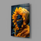 Cobalt and saffron Symbolist cinematic glass wall art in botanical-themed bedroom