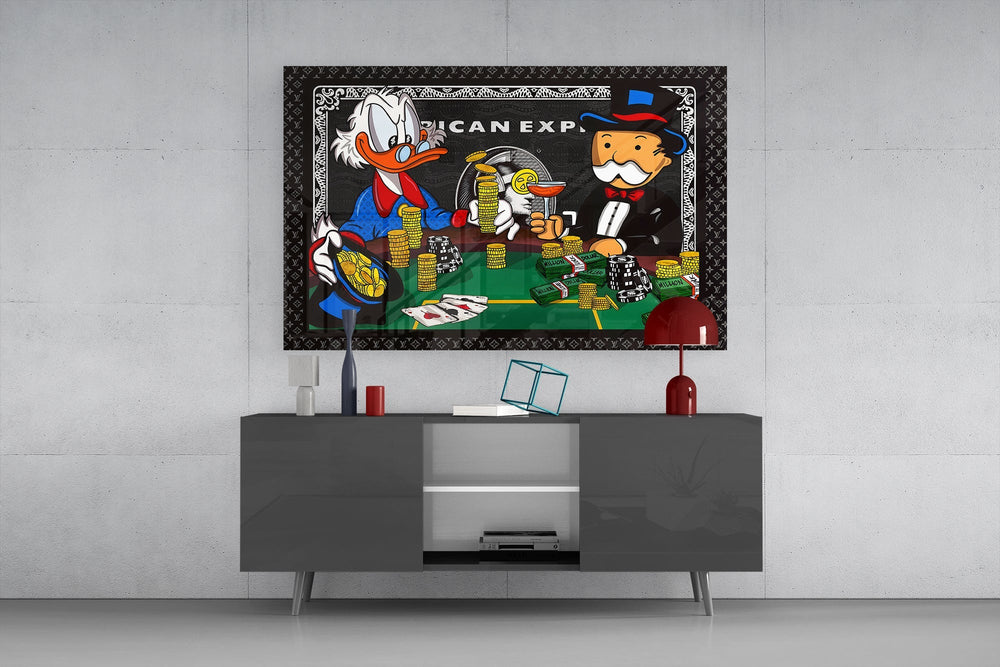 High-stakes parody cinematic glass wall art in entertainment den