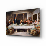 Mafia Last Supper cinematic glass wall art over walnut console in designer cigar lounge