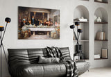 Money-stack table cinematic glass wall art in masculine-luxe study