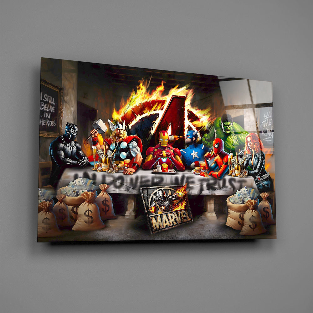 Marvel pop-cinema cinematic glass wall art in teen Marvel-fan bedroom