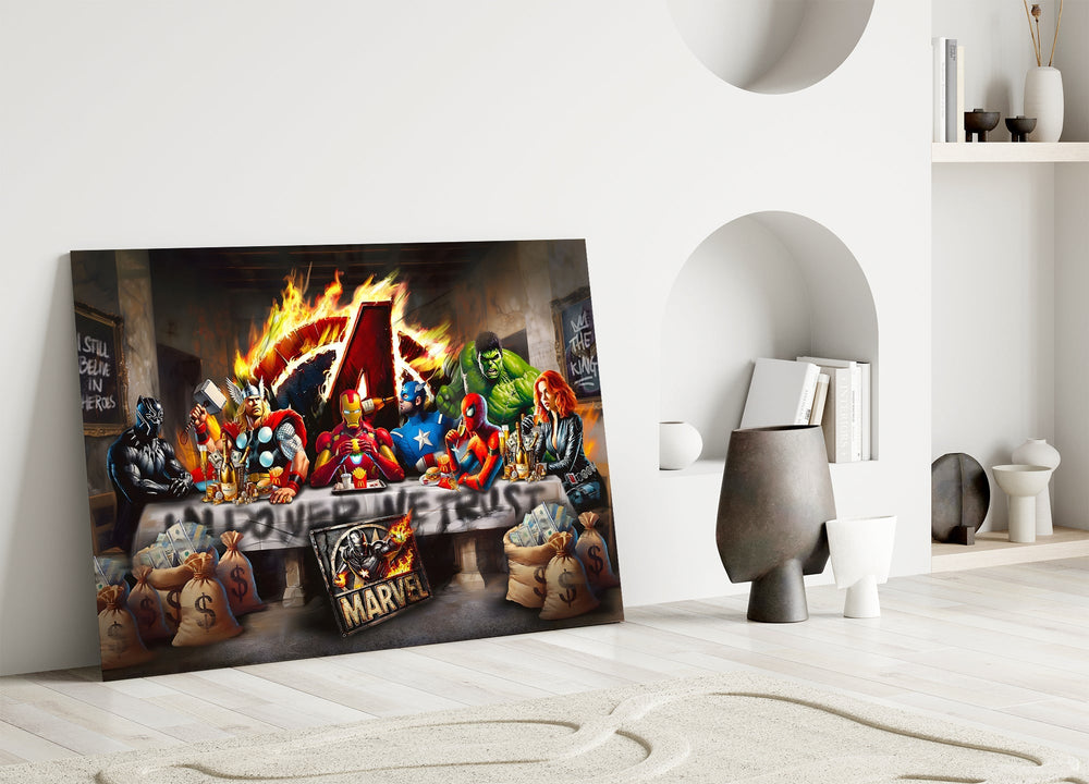 Pop-graffiti superhero cinematic glass wall art in heritage stairwell