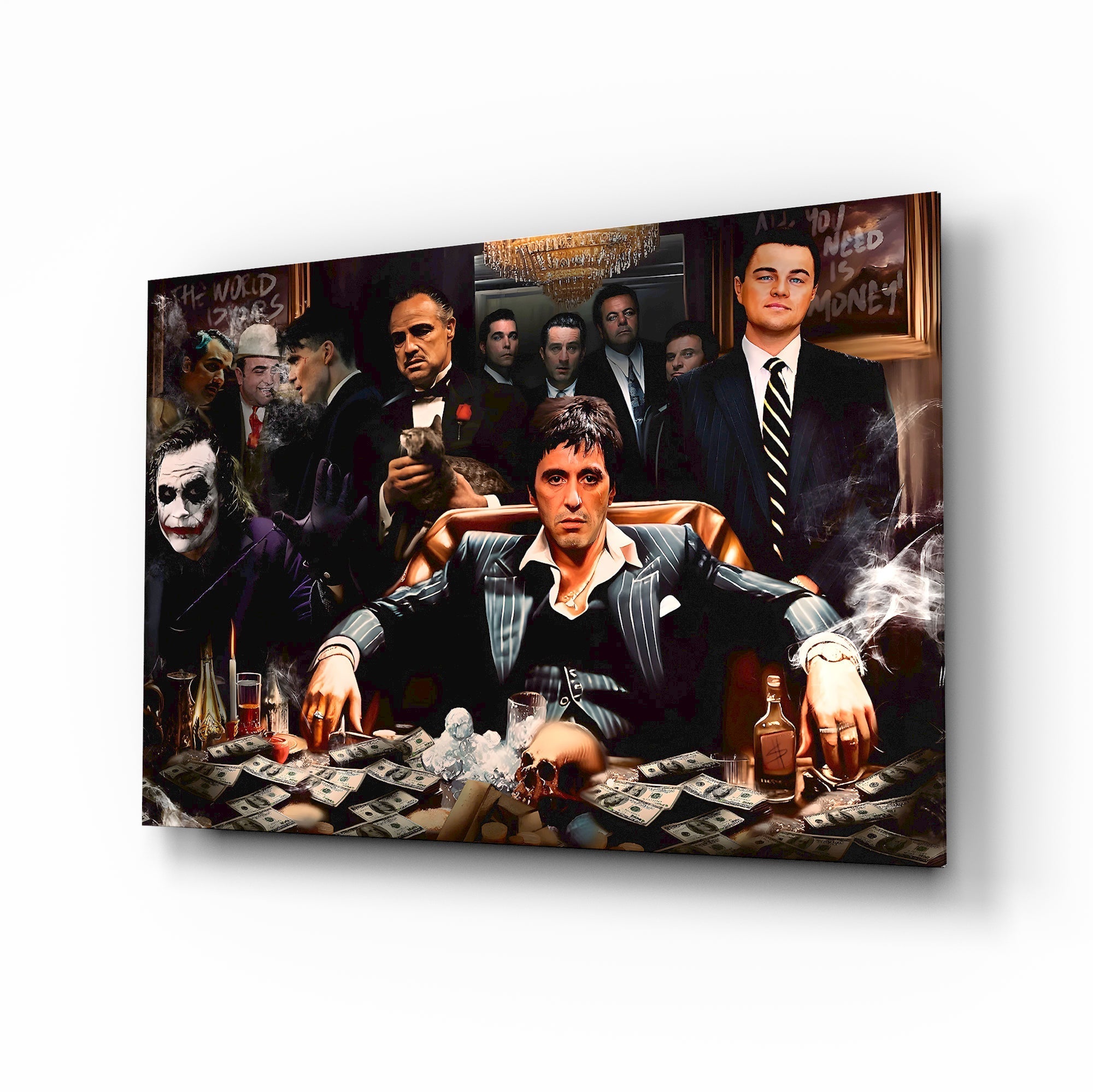Cinema gangster ensemble cinematic glass wall art over walnut console in designer cigar lounge