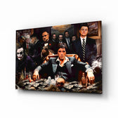 Cinema gangster ensemble cinematic glass wall art over walnut console in designer cigar lounge
