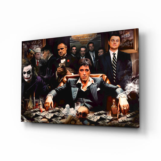 Cinema gangster ensemble cinematic glass wall art over walnut console in designer cigar lounge