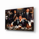 Cinema gangster ensemble cinematic glass wall art over walnut console in designer cigar lounge