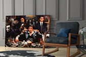 Gangster collage cinematic glass wall art in private library reading nook
