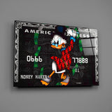Cartoon luxury AmEx cinematic glass wall art in finance-bro home office