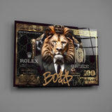 Designer luxury pop cinematic glass wall art in finance-bro executive office