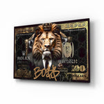 Lion boss hundred dollar bill cinematic glass wall art over walnut console in designer cigar lounge