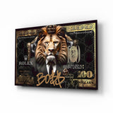 Lion boss hundred dollar bill cinematic glass wall art over walnut console in designer cigar lounge