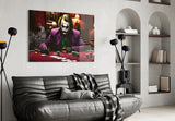 Burgundy-velvet poker cinematic glass wall art in masculine-luxe study