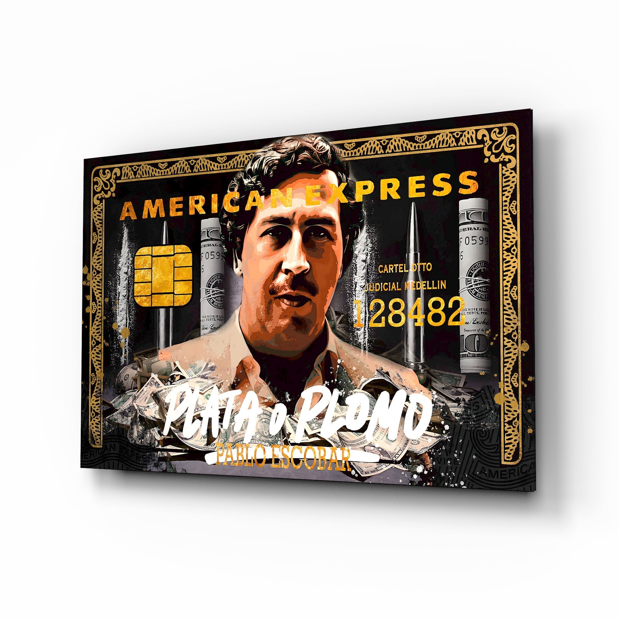 Pablo Escobar AmEx cinematic glass wall art over walnut console in designer cigar lounge