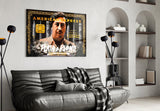 Pablo Escobar parody cinematic glass wall art in masculine-luxe study