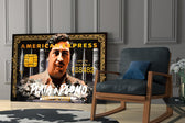 Narcos tribute cinematic glass wall art in private library reading nook
