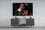 Crypto humor cinematic glass wall art in masculine-luxe study