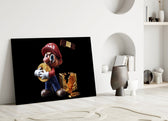 Pop-graffiti gaming cinematic glass wall art in heritage stairwell