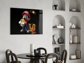 Gold-coin Mario cinematic glass wall art over modern game-room console
