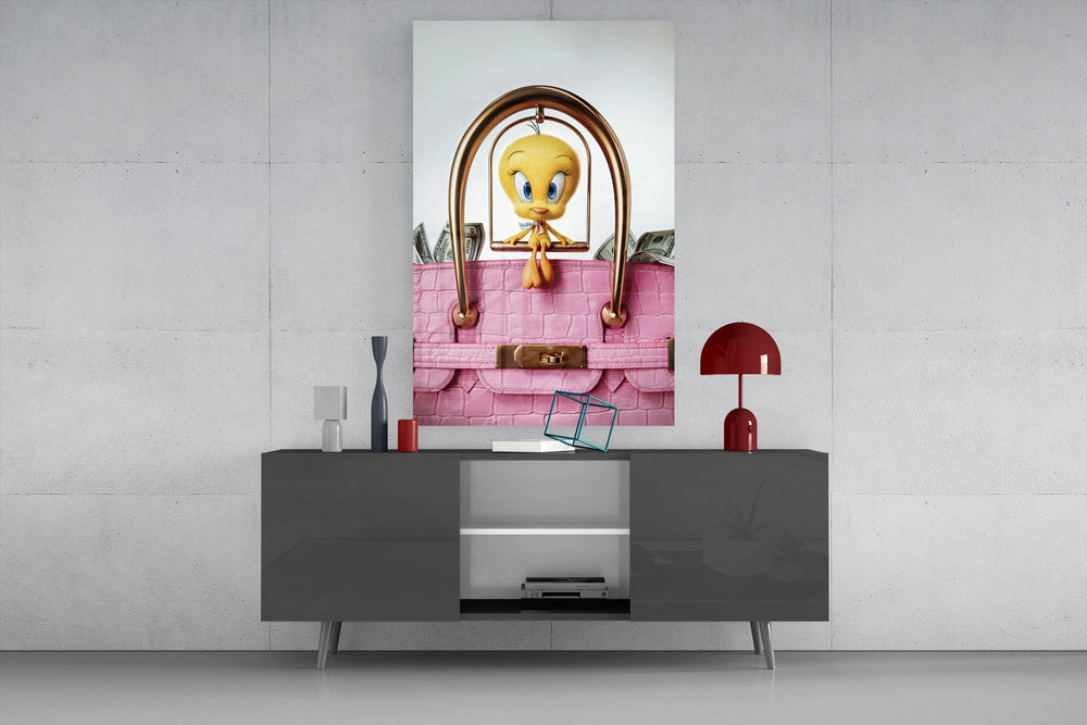 Pop-graffiti humor cinematic glass wall art in light-filled atelier