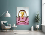 Pink-Birkin pop cinematic glass wall art in glamorous powder-room