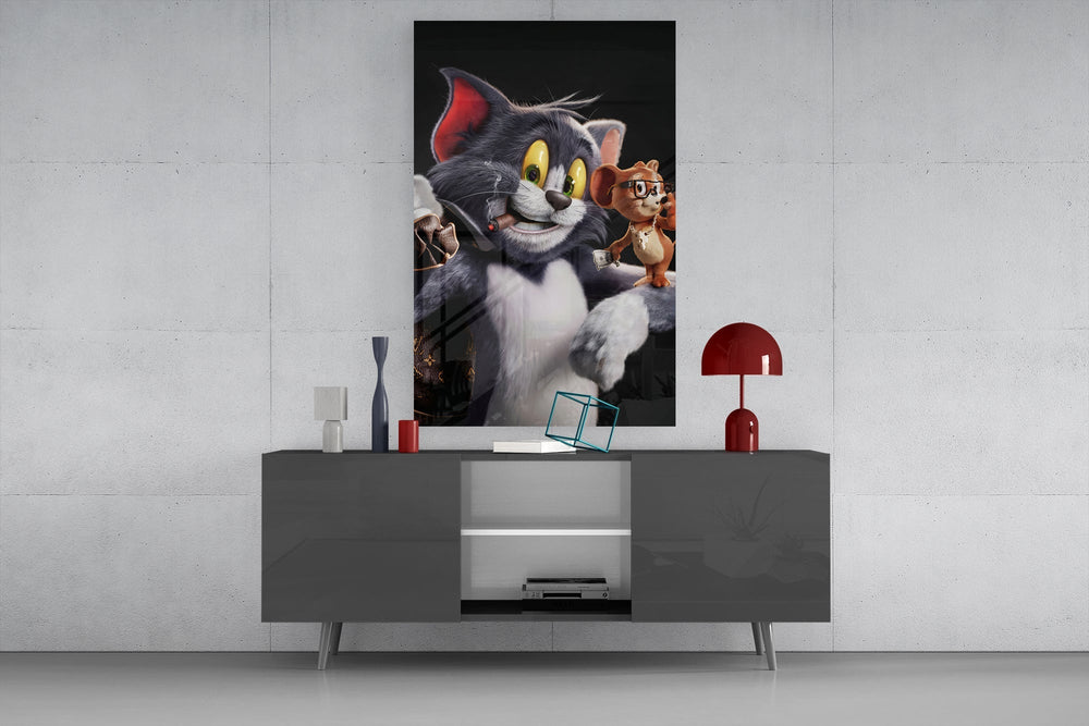 Cartoon-luxe humor cinematic glass wall art in masculine-luxe study