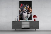 Cartoon-luxe humor cinematic glass wall art in masculine-luxe study
