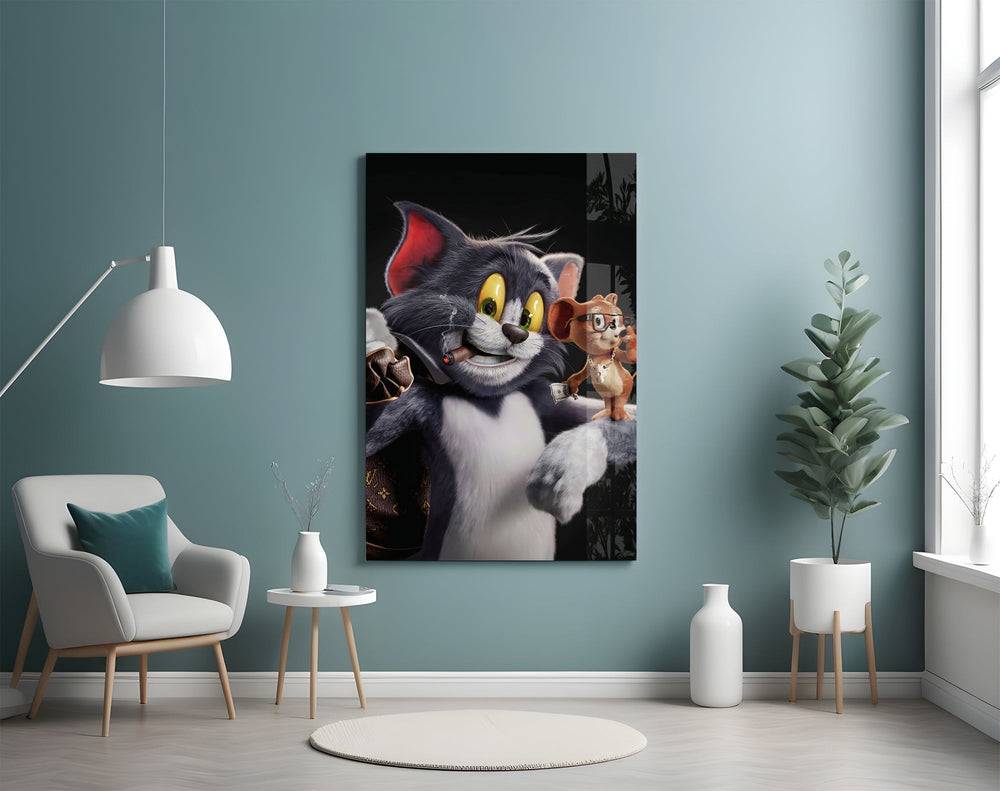 Louis-Vuitton parody cinematic glass wall art in streetwear-boutique entry
