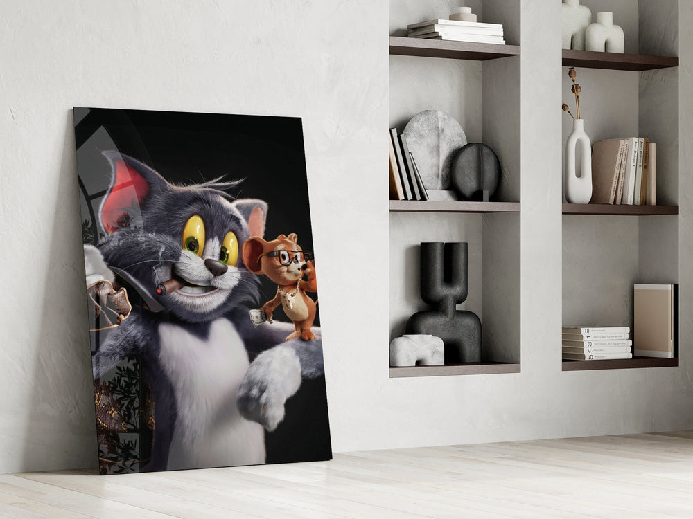 Pop-graffiti cartoon cinematic glass wall art in private library reading nook