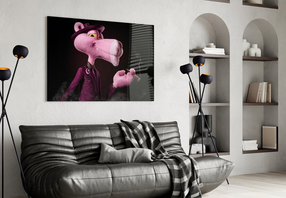 Violet fedora panther cinematic glass wall art in feminine-luxe study