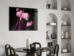 Cigar-smoking cartoon cinematic glass wall art over modern bar console