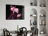 Cigar-smoking cartoon cinematic glass wall art over modern bar console