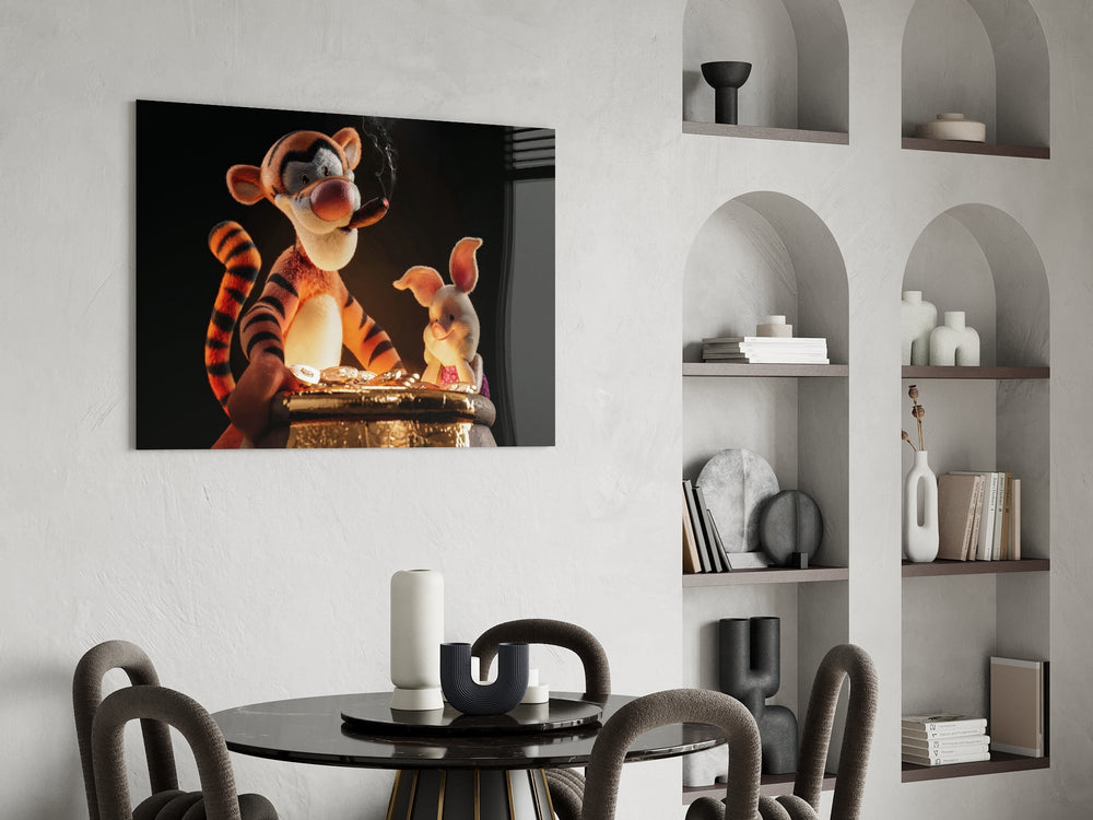 Gold-coin treasure cinematic glass wall art over modern bar console