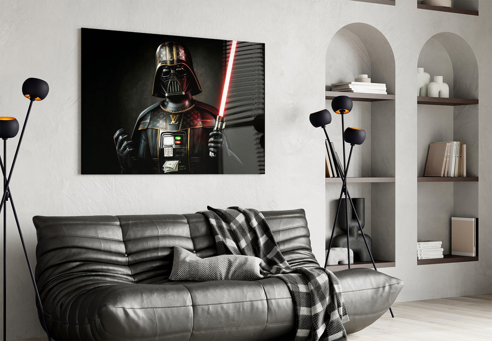 ATM-chest Vader cinematic glass wall art in streetwear-boutique entry