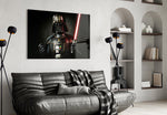 ATM-chest Vader cinematic glass wall art in streetwear-boutique entry