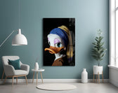 Cobalt-headscarf duck cinematic glass wall art in glamorous powder-room