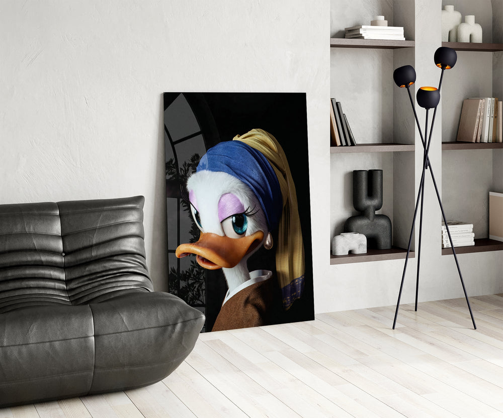 Old-Master cartoon cinematic glass wall art over modern dining sideboard