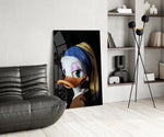 Old-Master cartoon cinematic glass wall art over modern dining sideboard
