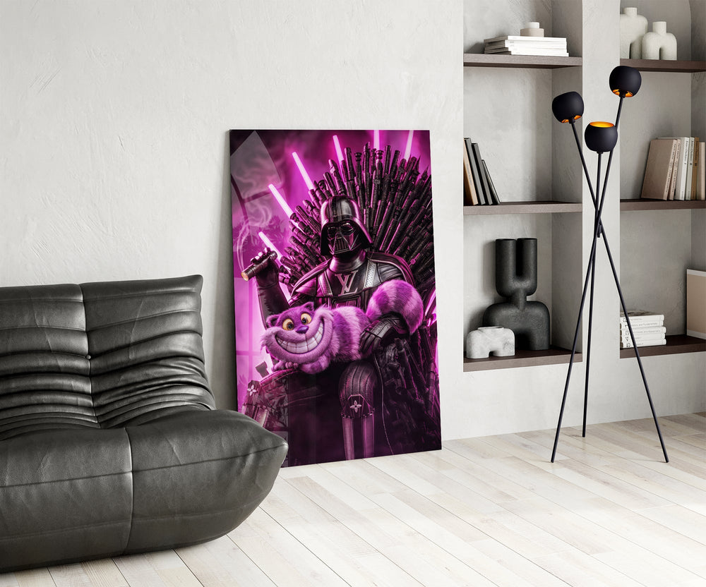 Magenta lightsaber cinematic glass wall art over modern bar console