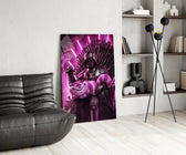 Magenta lightsaber cinematic glass wall art over modern bar console