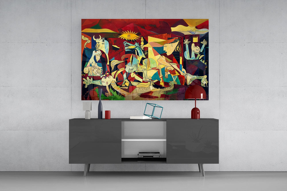 Crimson and ochre Guernica cinematic glass wall art in masculine-luxe study